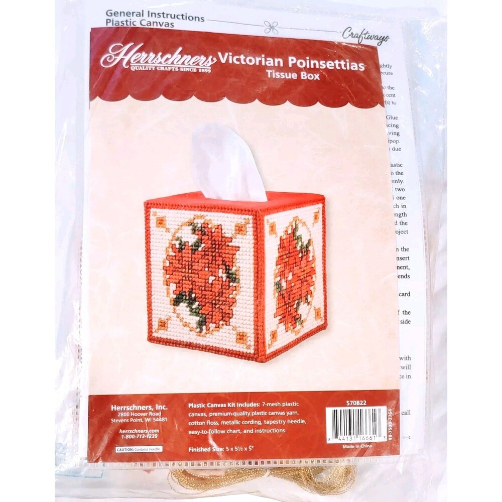 Herrschners Victorian Poinsettias Christmas Tissue Box Plastic Canvas Kit NEW